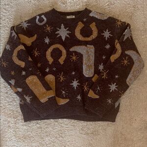 Brown and Gold Western print Sweater